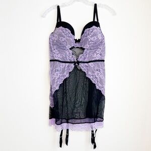 Frederick's of Hollywood Black and Lavender Lace Chemise with Garters